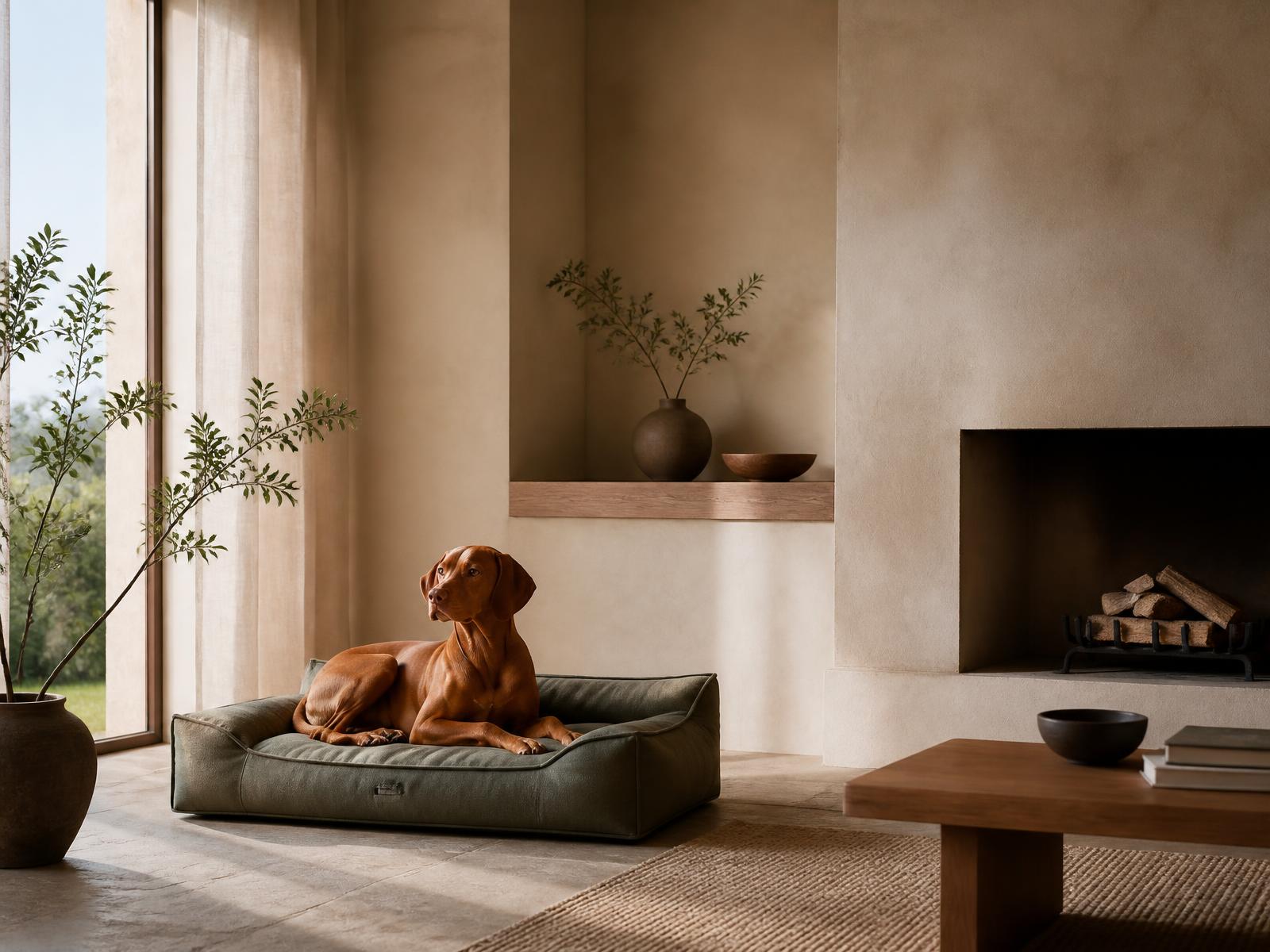A calm dog resting on a premium 54Pet bed in a quiet, modern living room